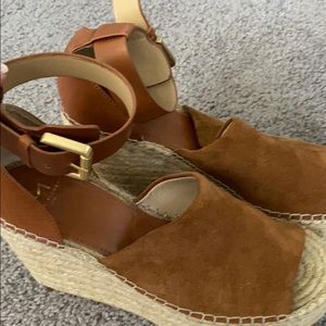 butterscotch suede espadrilles with ankle strap.